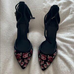 White House Black Market Black Heels with Red Floral Design
